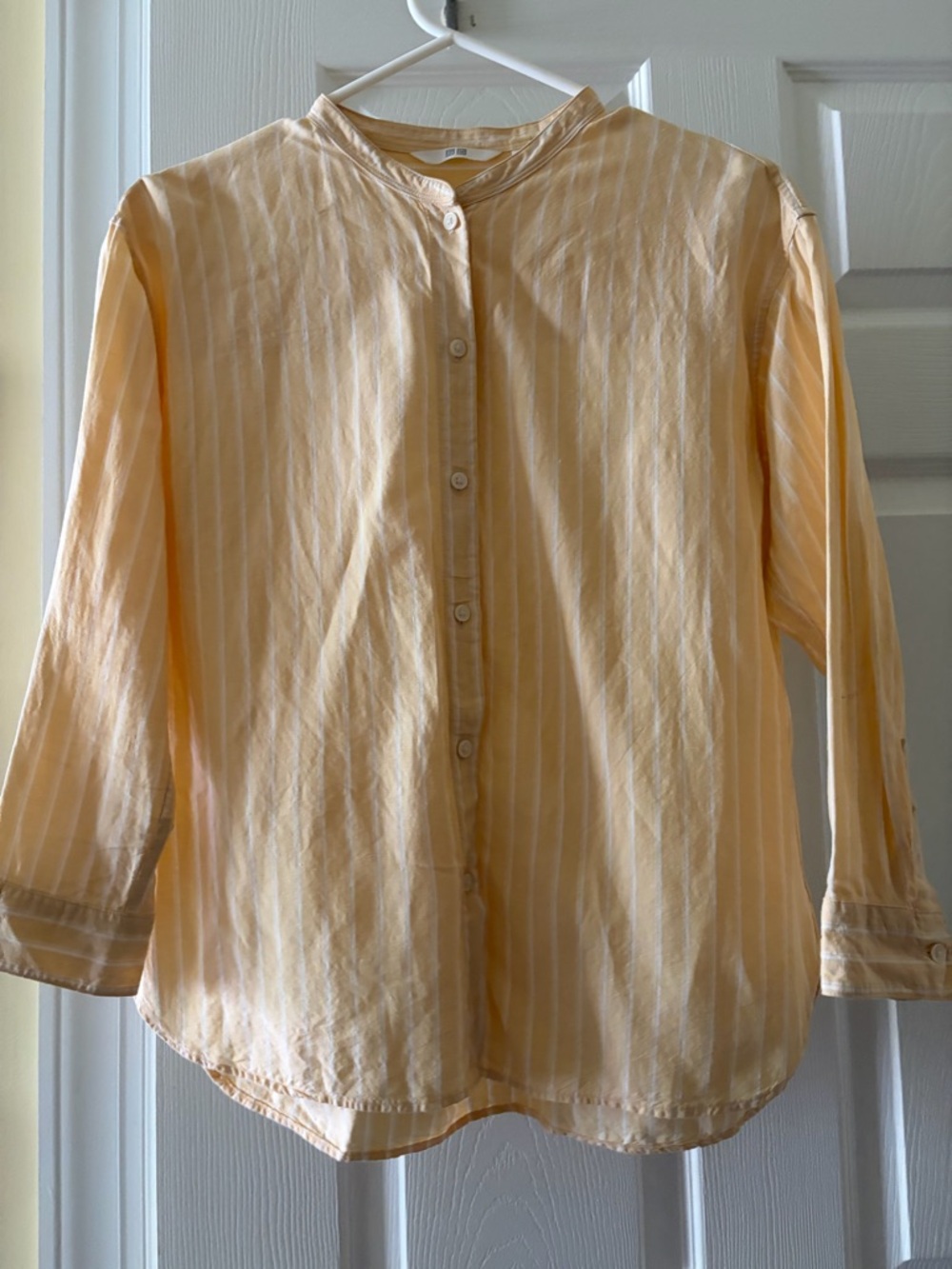Womens Long-Sleeve Button Front Top - Pale Yellow Stripe